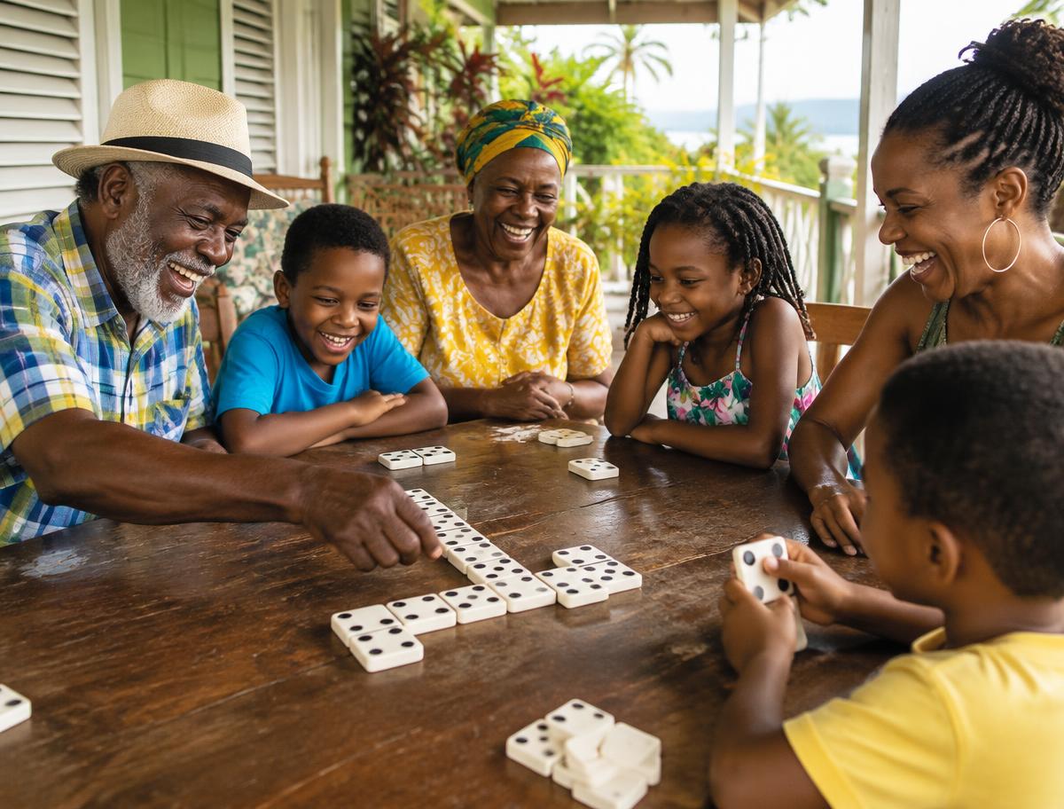 Three generations of a Jamaican family laughing over a game of dominoes on a veranda